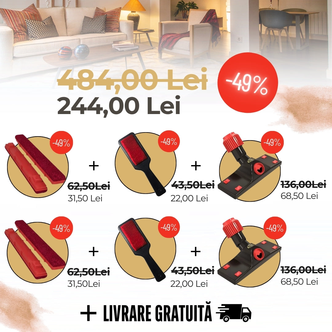 PACHET FAMILIAL: 2 capete de aspirator, 2 perechi de rezerve și 2 perii pentru haine + Transport Gratuit